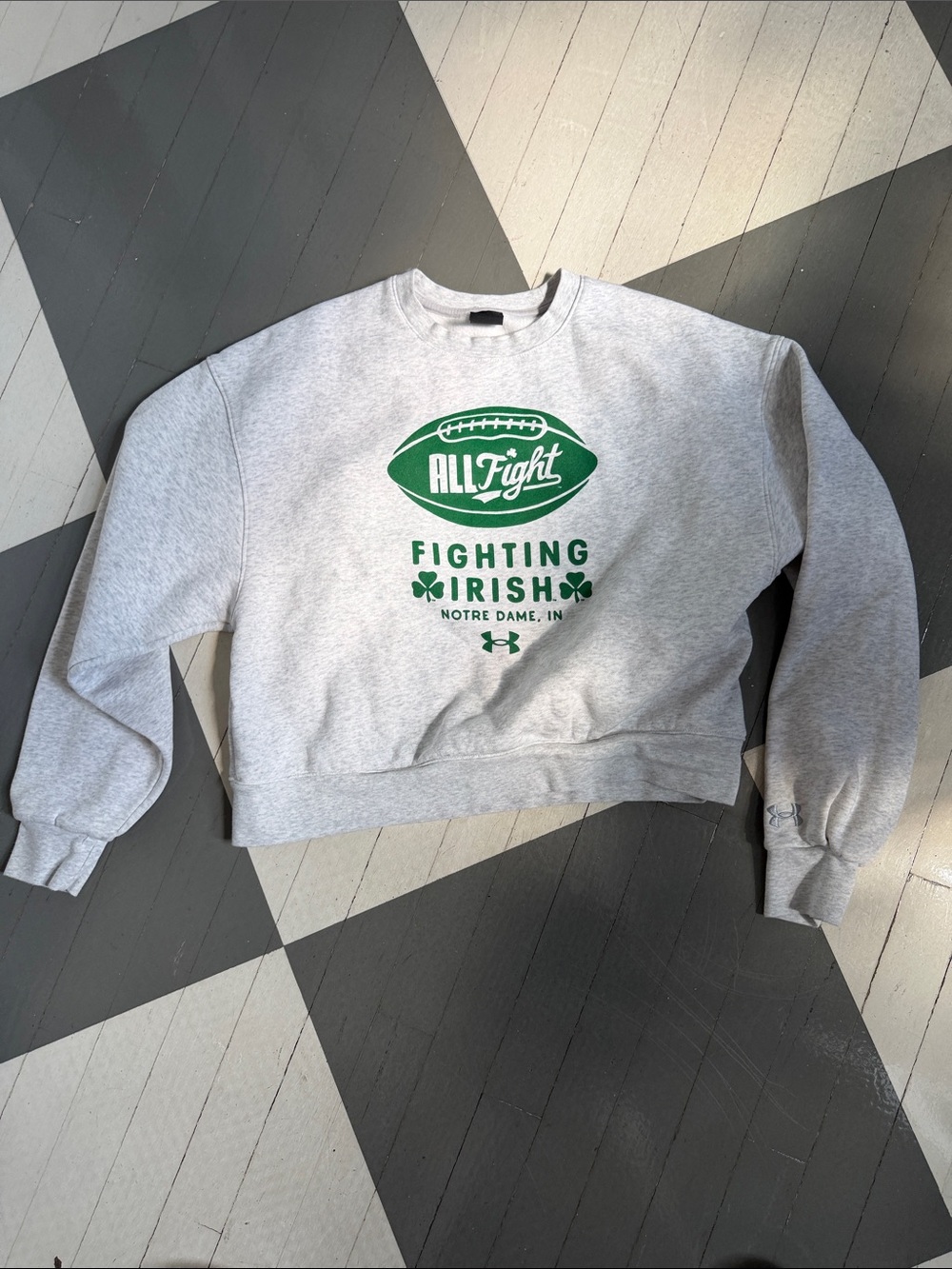 Notre Dane Under Armour Gray Crewneck Sweatshirt with Green Fighting Irish Logo-